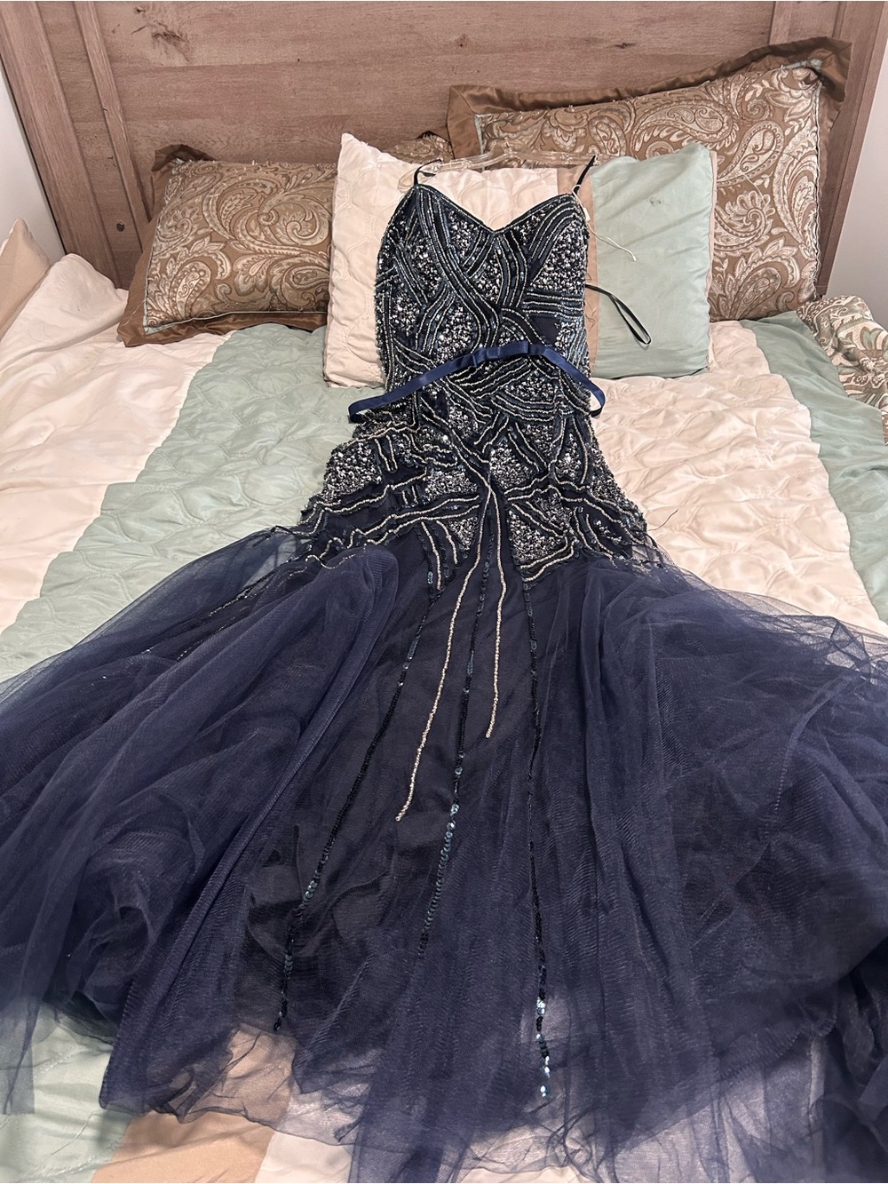 COLORS Navy Beaded Tulle Evening Gown - Elegant Formal Dress 16/18